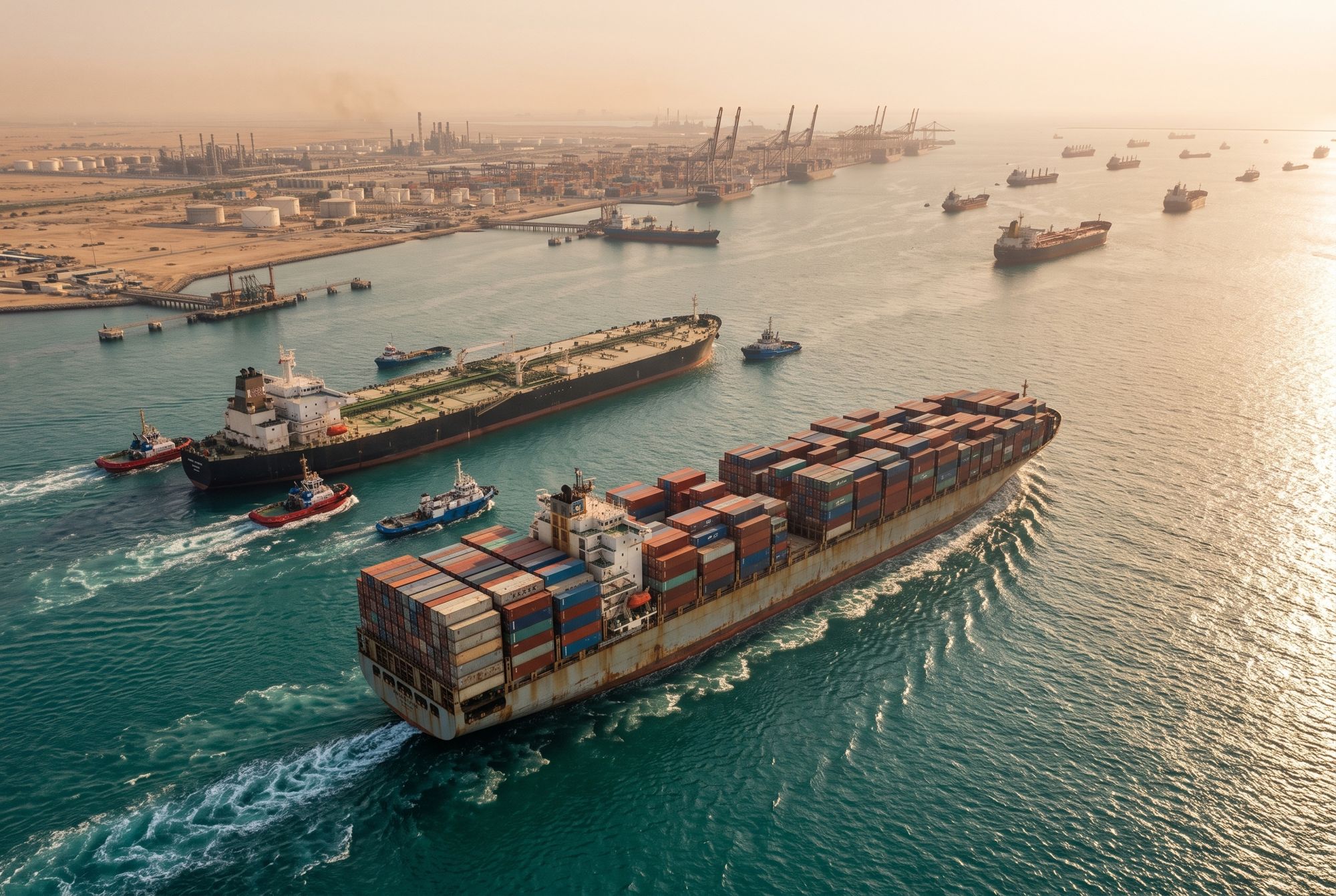 Tankers and container ships at a Gulf port